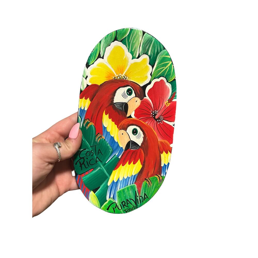 Hand Painted Parrot Tropical Wood Platter From Costa Rica Signed